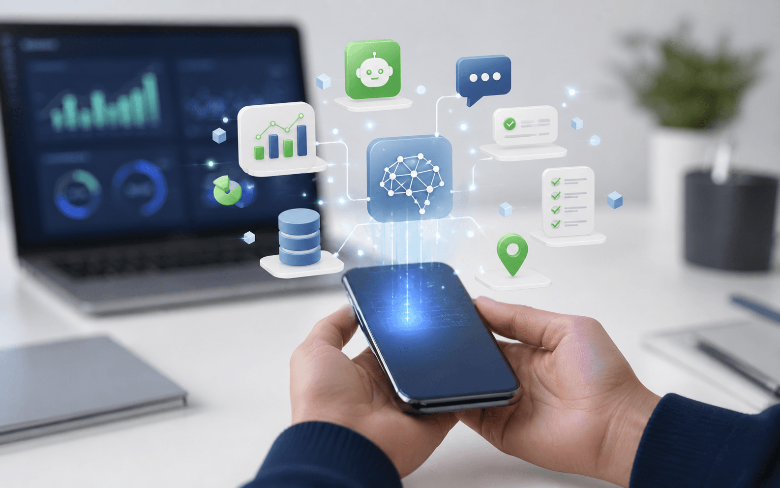 Hands holding a smartphone with floating symbols representing artificial intelligence tools and applications