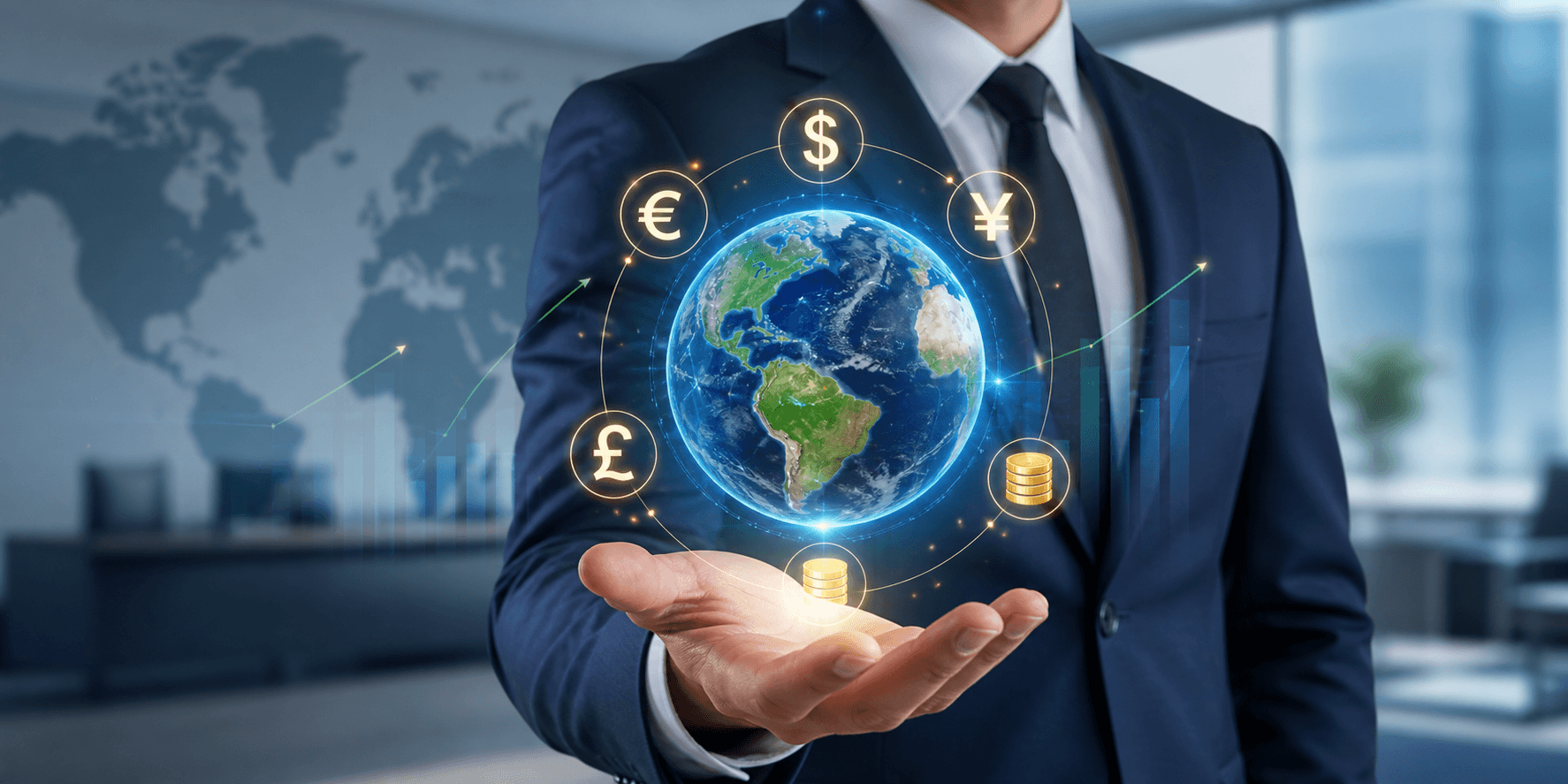 Business professional holding a digital Earth with international currency symbols