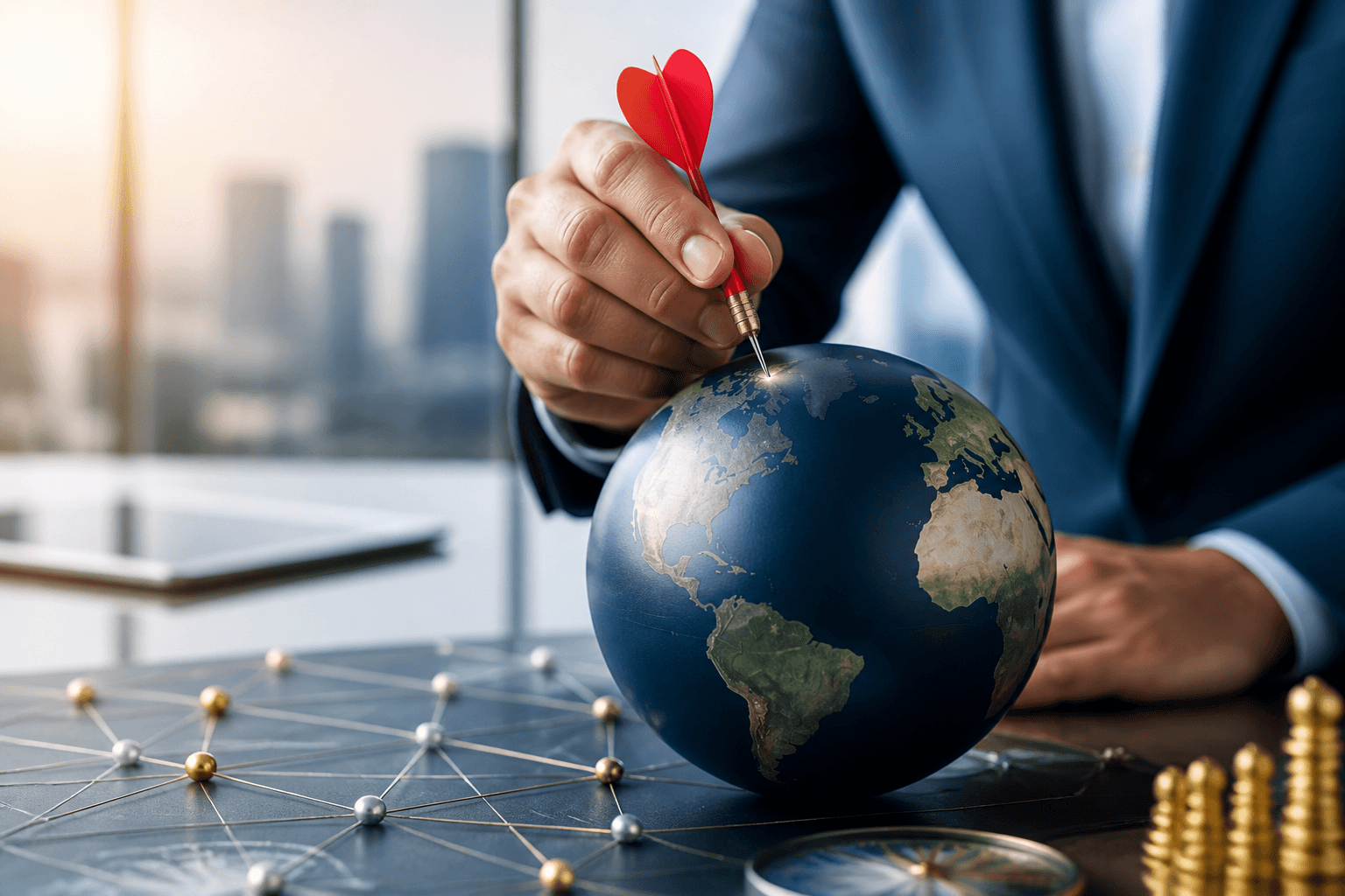 Person placing a red dart on a globe to represent international business lead generation