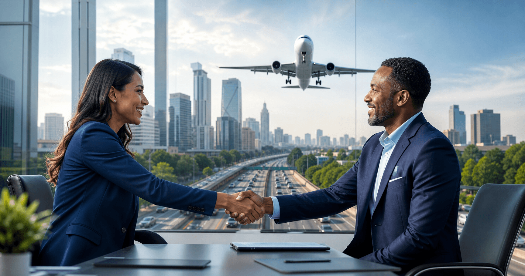 Business professionals shaking hands with a passenger jet, city, and freeway in the background