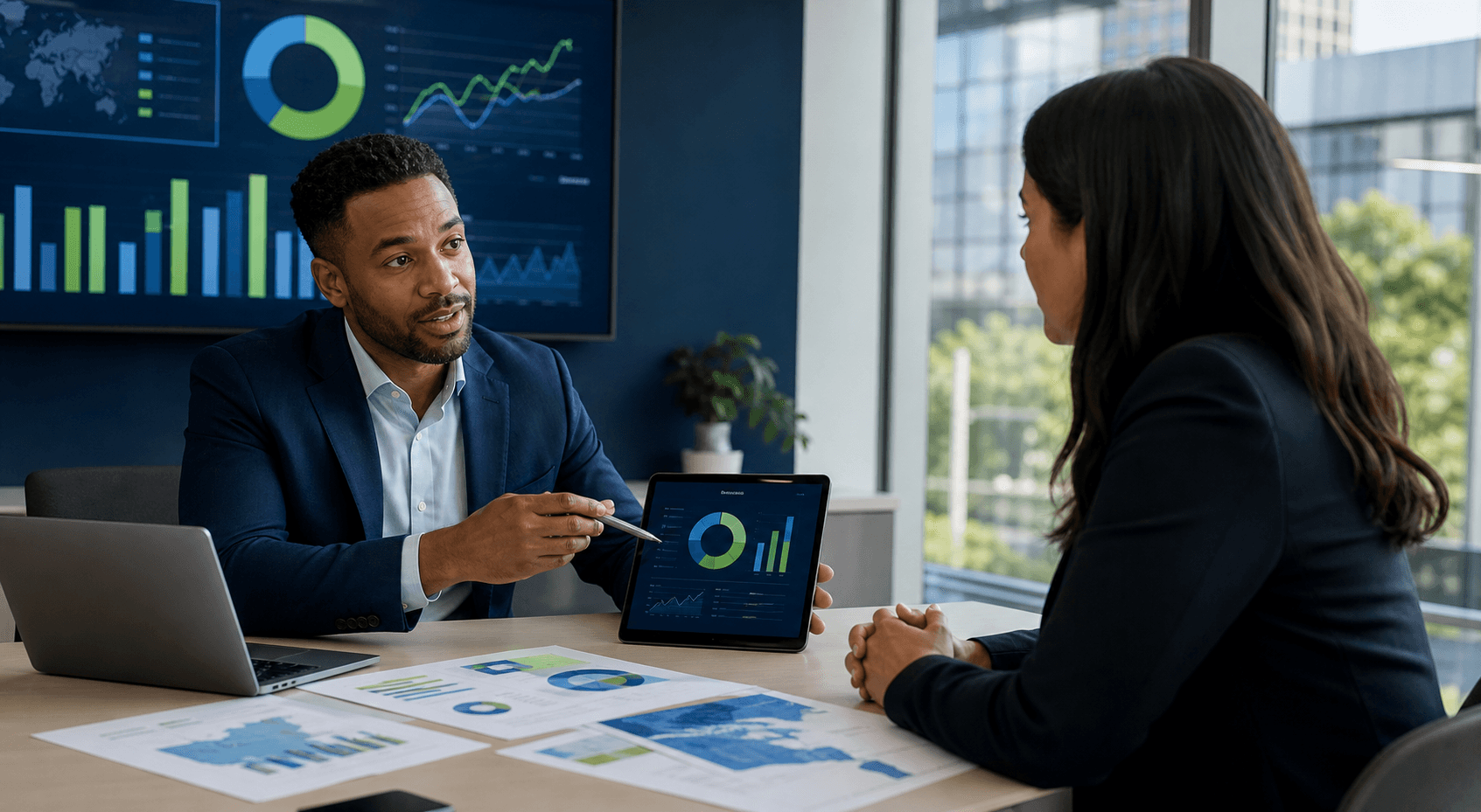 One-on-one meeting where a professional presents market data and prospect analysis
