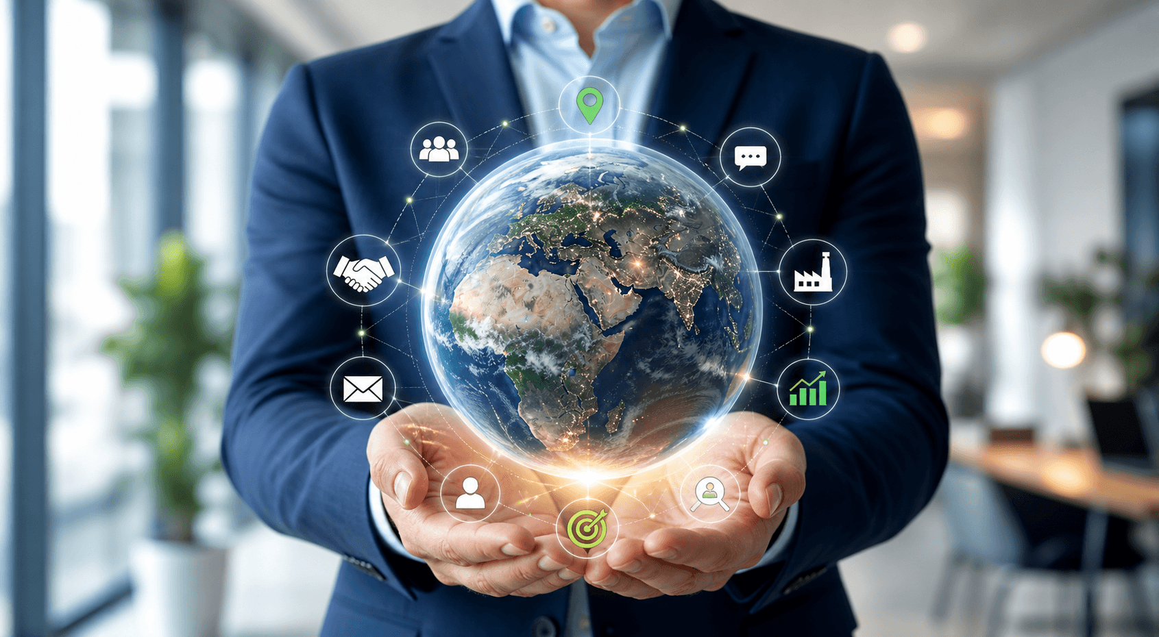 Person holding a digital globe with prospecting and lead generation symbols