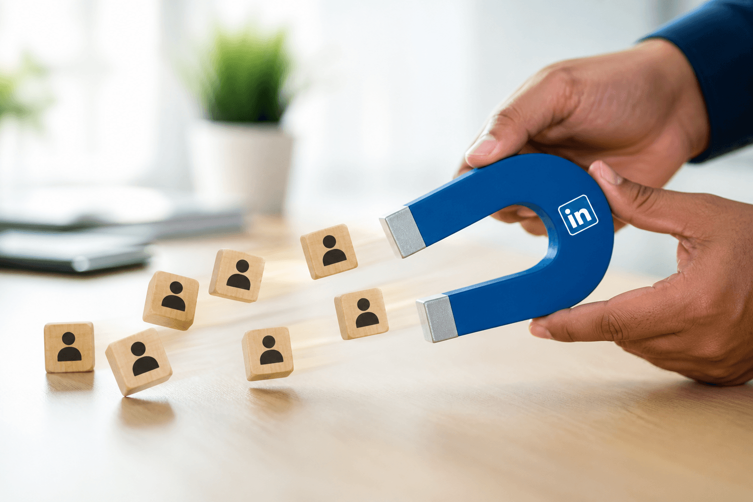 Hands holding a LinkedIn magnet attracting avatar blocks