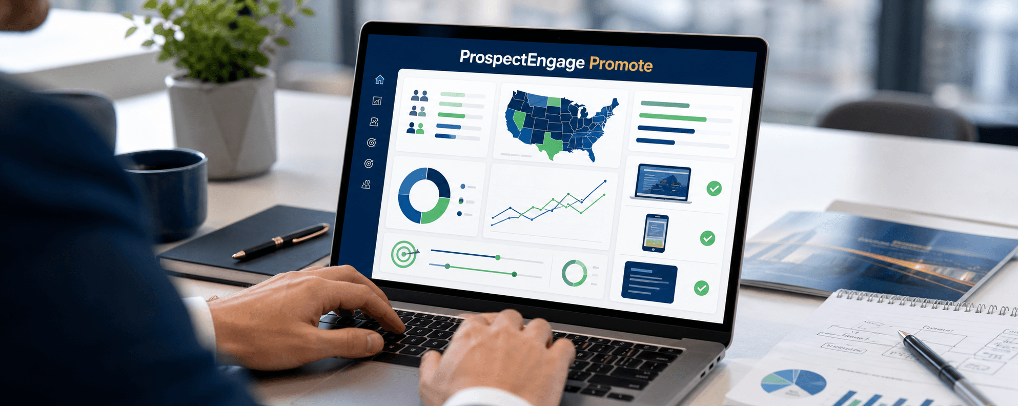 Person working on a laptop showing a ProspectEngage Promote advertising campaign dashboard