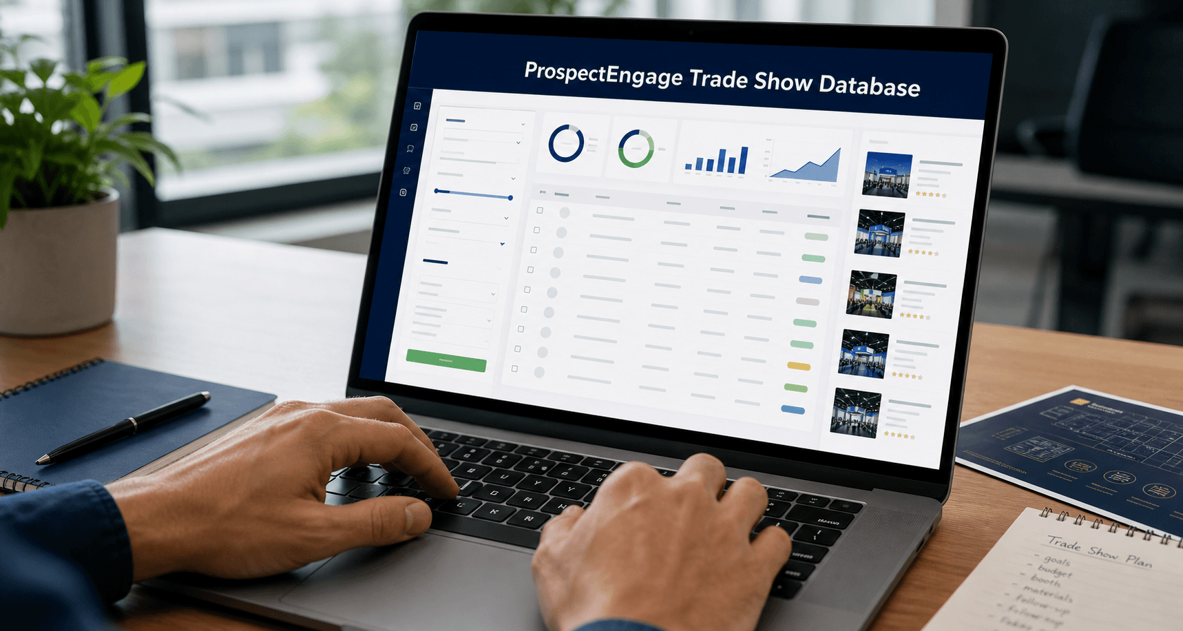 Hands typing on a laptop showing the ProspectEngage Trade Show Database