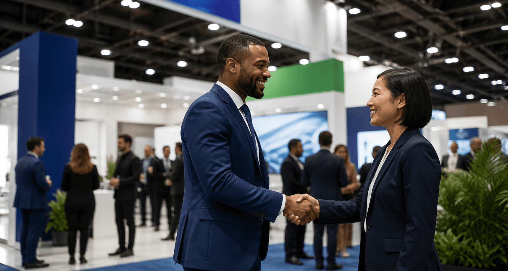 Two professionals shaking hands at a busy trade show